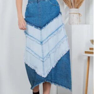 Western Boho Chic: Dual Toned Patchwork Midi Skirt